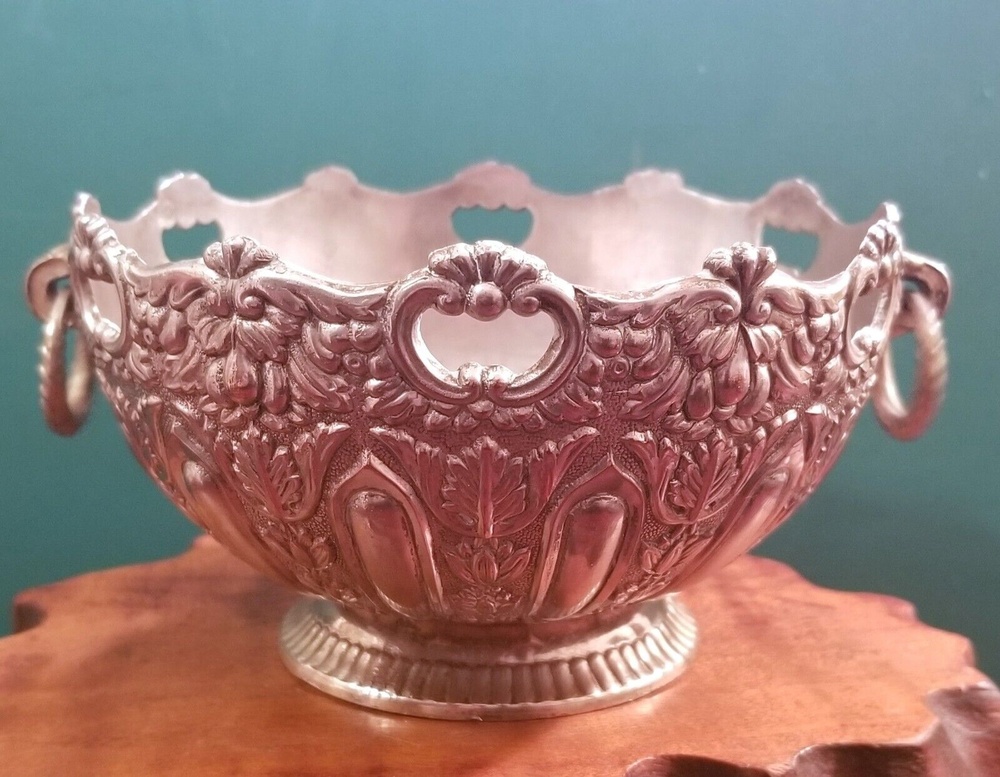 Vintage 1960s Raimond Ornate Silverplate Floral Motif Bowl with Ring Handles